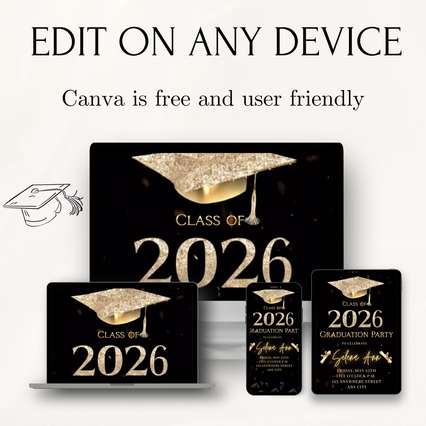 Graduation Party Video Invitation | Digital Gold Graduate Invite | Editable Canva Template