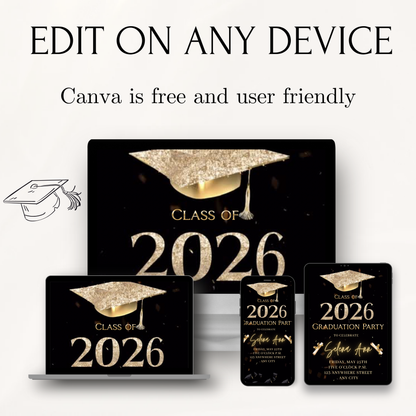 Graduation Party Video Invitation | Digital Gold Graduate Invite | Editable Canva Template