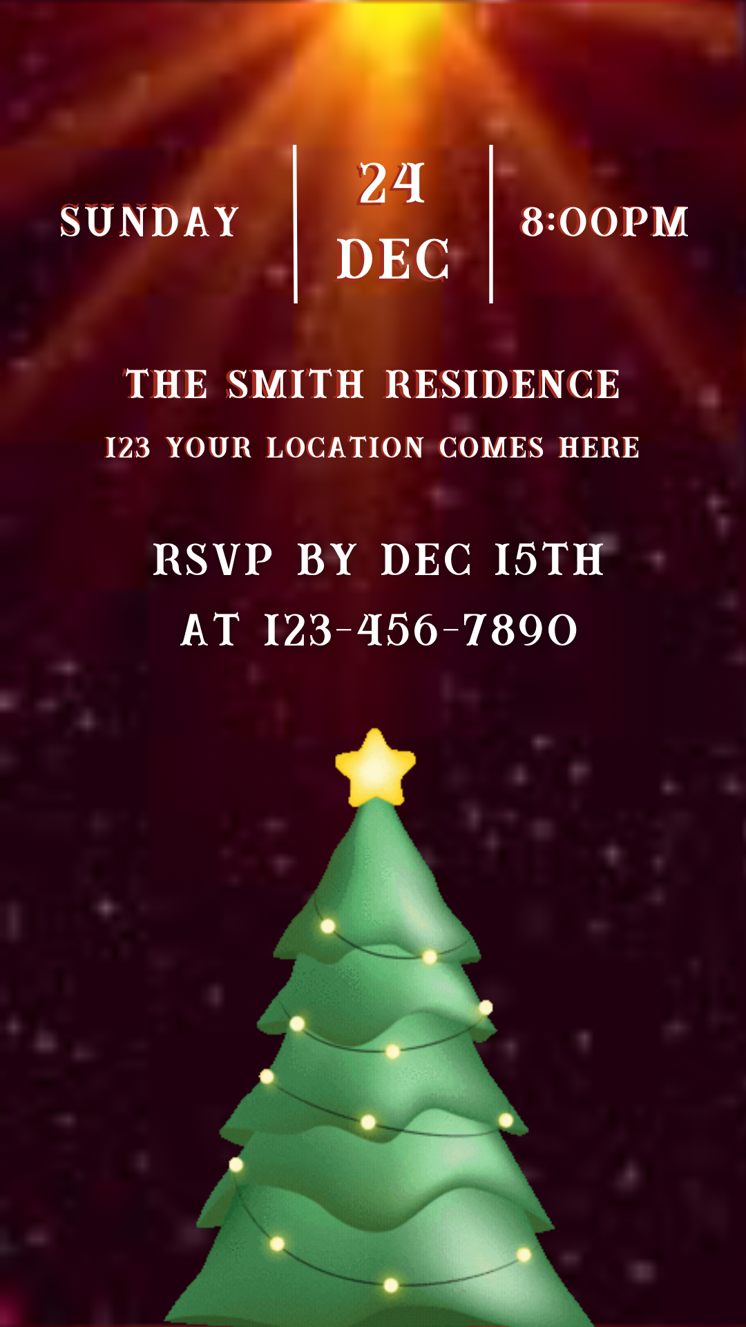 Christmas party invitation with a tree and star on a dark red background