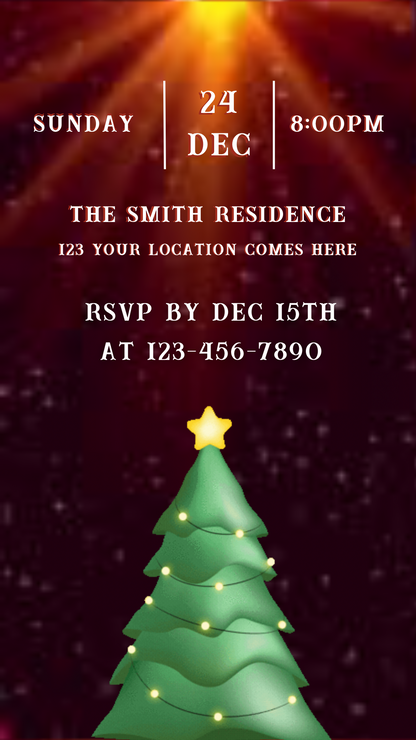 Christmas party invitation with a tree and star on a dark red background
