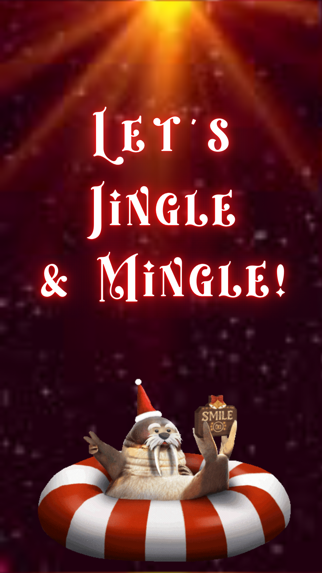 Christmas-themed graphic with a walrus in a Santa hat and life preserver, text 'Let's Jingle & Mingle!' on a red background.