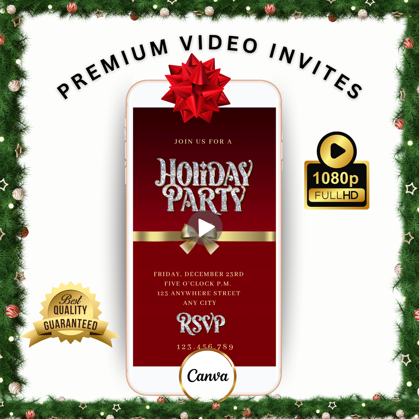 Christmas Party Video Invitation – Editable Red and Gold Elegant Holiday Evite