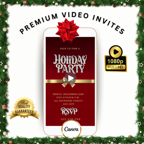 Christmas Party Video Invitation | Digital Red and Gold Elegant Holiday Invite | Editable Canva Evite Template