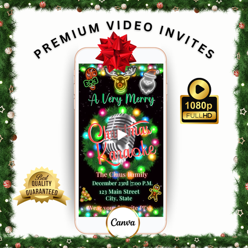 Weihnachts-Karaoke-Videoeinladung | Digitale Einladung zur Weihnachts-Mitsingparty | Bearbeitbare Canva-Einladungsvorlage