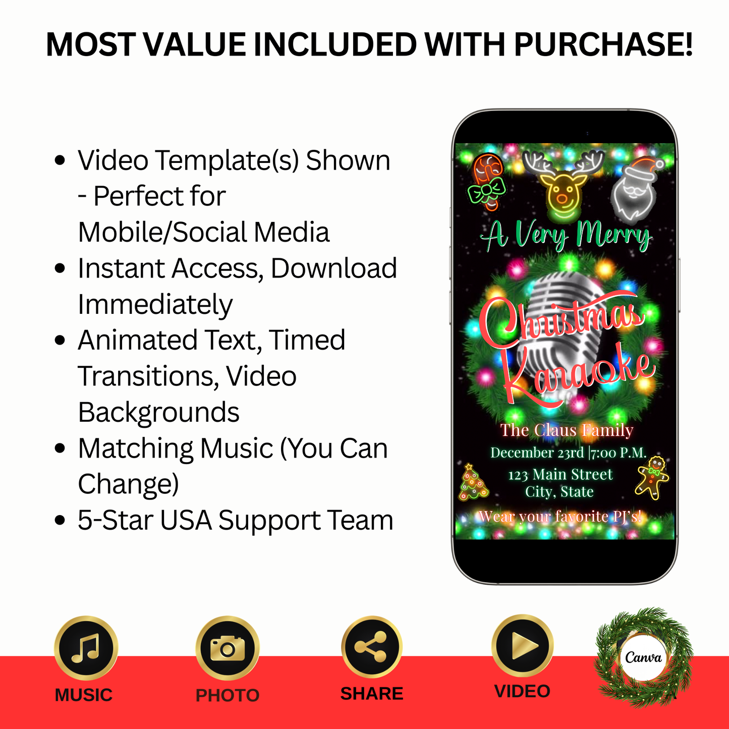 Christmas Karaoke Video Invitation – Editable Holiday Singalong Party Evite with Music