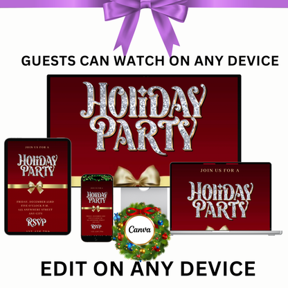 Christmas Party Video Invitation – Editable Red and Gold Elegant Holiday Evite