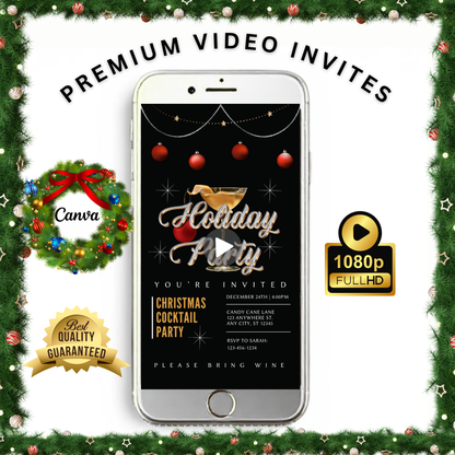 Christmas Party Video Invitation – Animated Holiday Cocktail Party - Editable Mobile Evite with Music