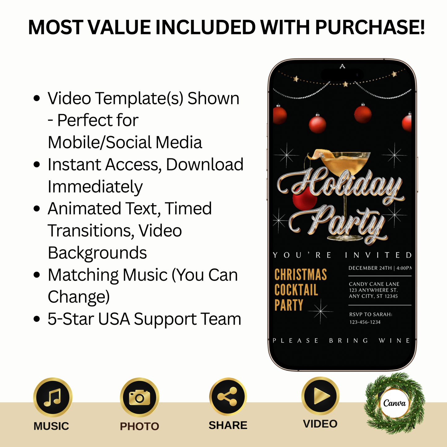 Christmas Party Video Invitation – Animated Holiday Cocktail Party - Editable Mobile Evite with Music