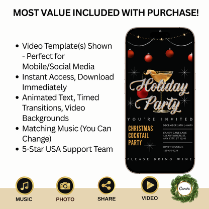 Christmas Party Video Invitation – Animated Holiday Cocktail Party - Editable Mobile Evite with Music