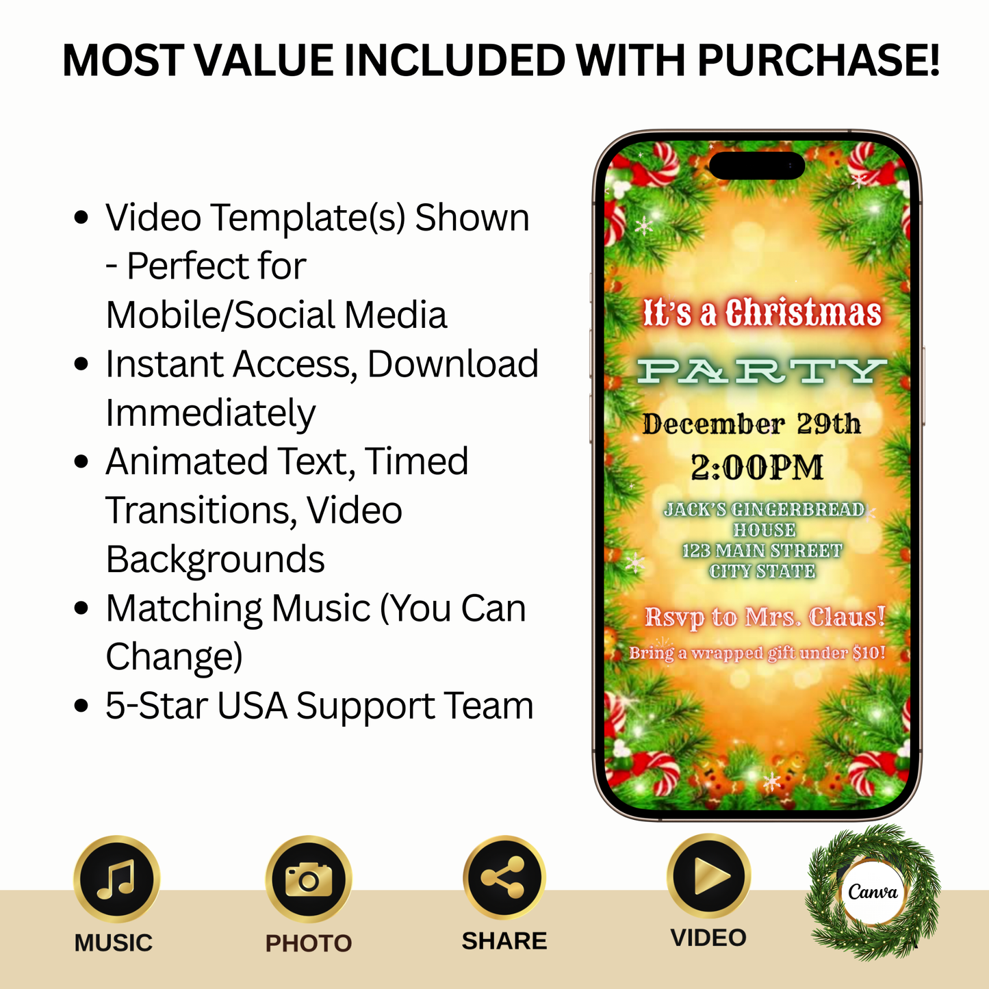 Christmas Party Video Invitation – Digital Gingerbread Cookie Invite - Editable Canva Holiday Evite with Music