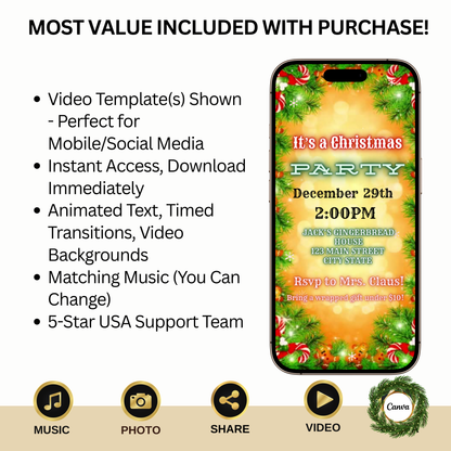Christmas Party Video Invitation – Digital Gingerbread Cookie Invite - Editable Canva Holiday Evite with Music