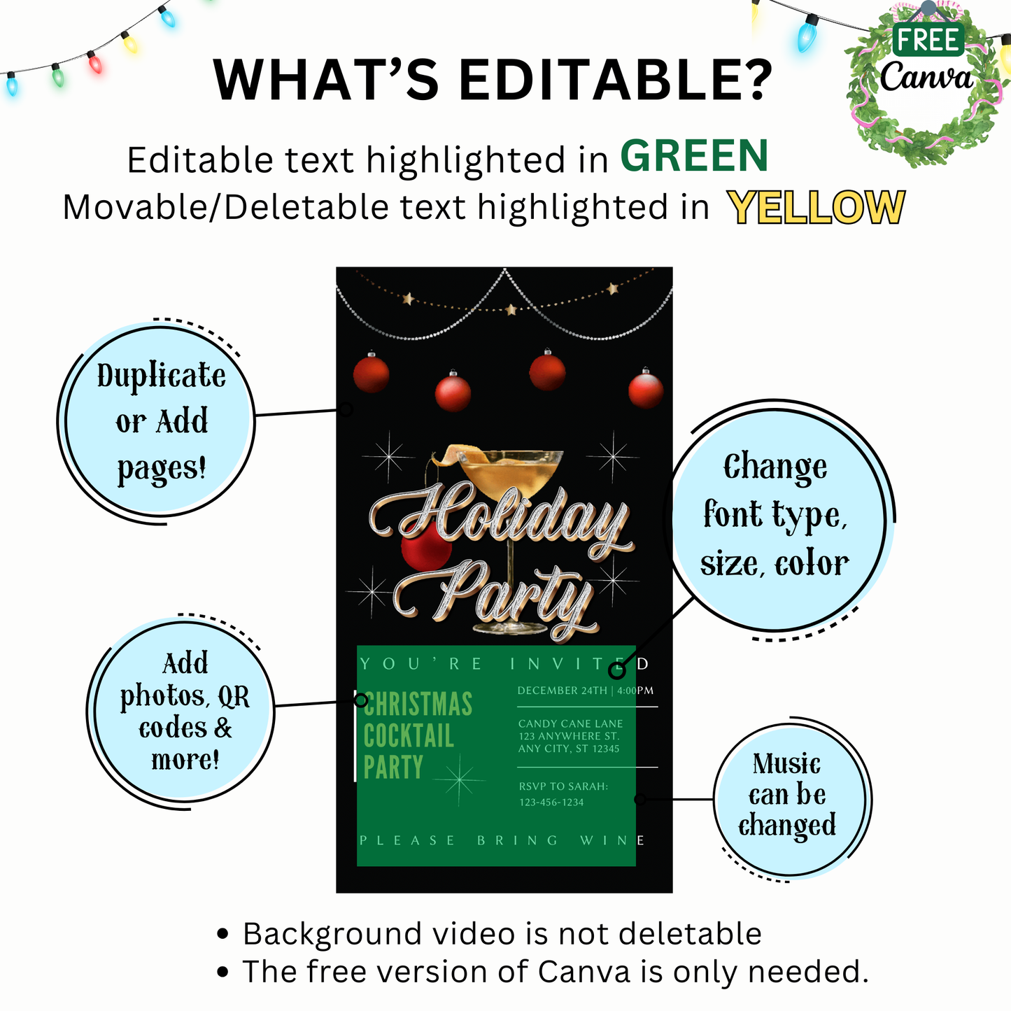 Christmas Party Video Invitation – Animated Holiday Cocktail Party - Editable Mobile Evite with Music