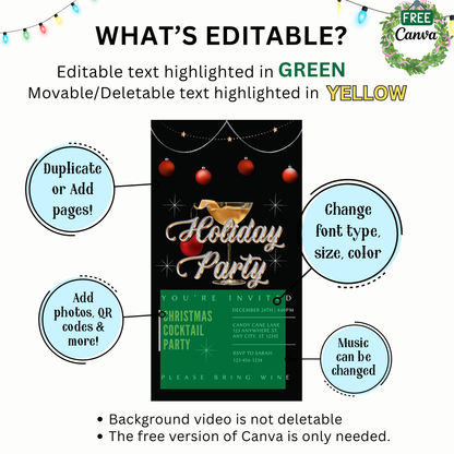 Christmas Party Video Invitation – Animated Holiday Cocktail Party - Editable Mobile Evite with Music