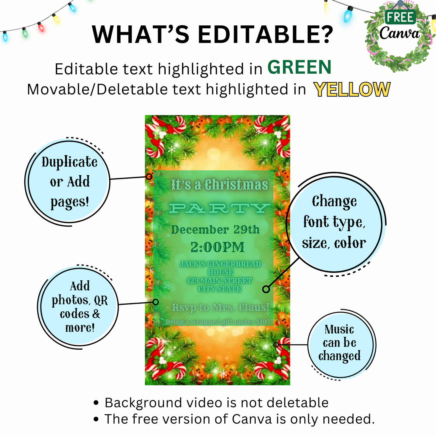 Christmas Party Video Invitation – Digital Gingerbread Cookie Invite - Editable Canva Holiday Evite with Music