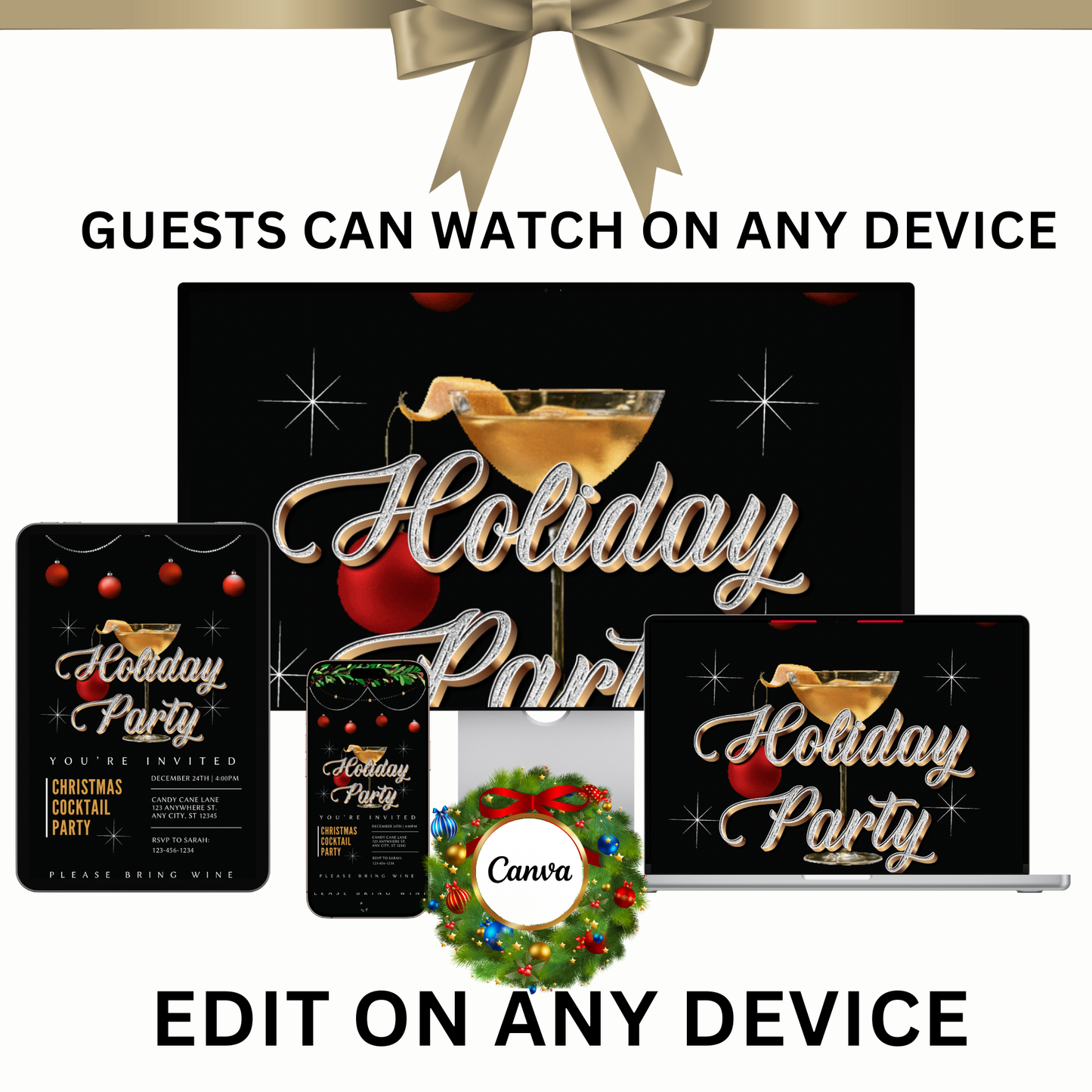 Christmas Party Video Invitation – Animated Holiday Cocktail Party - Editable Mobile Evite with Music