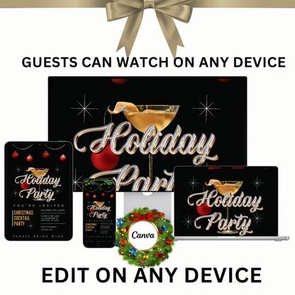 Christmas Party Video Invitation – Animated Holiday Cocktail Party - Editable Mobile Evite with Music