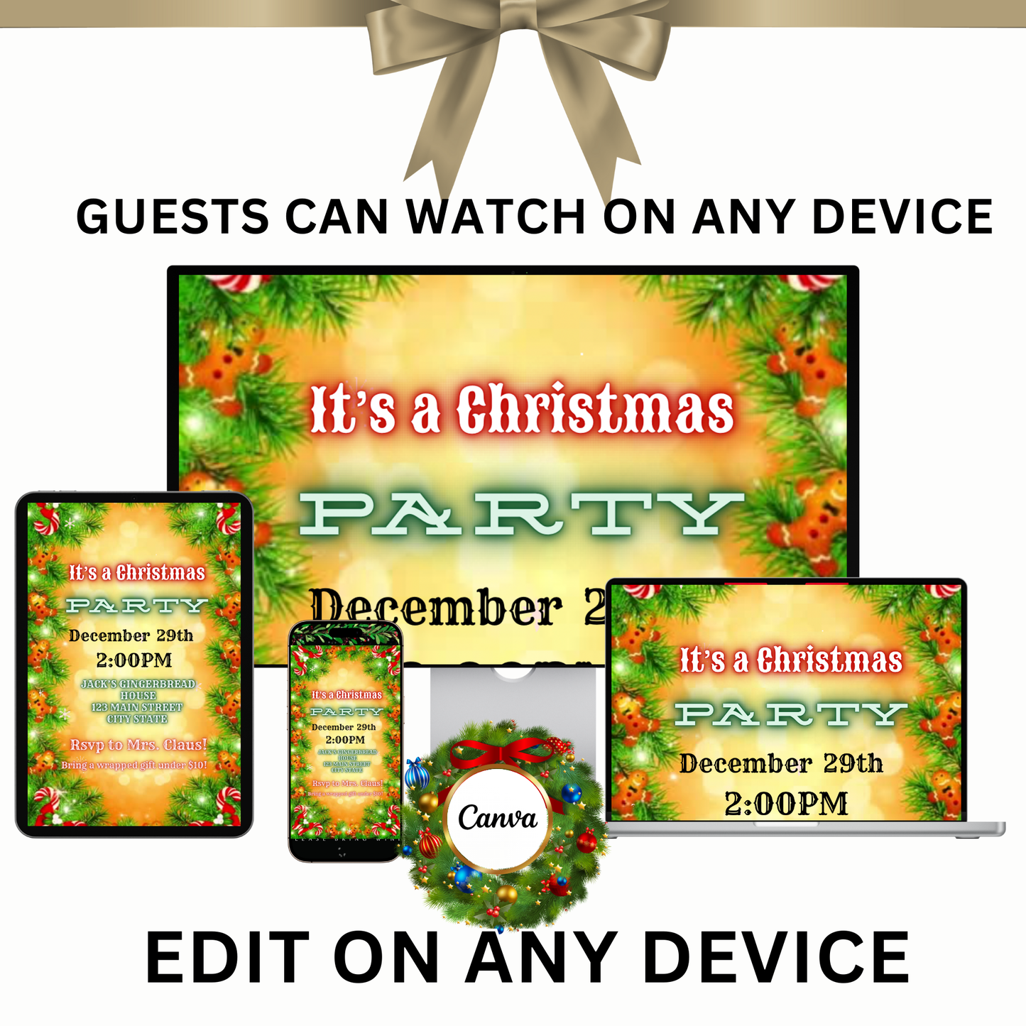Christmas Party Video Invitation – Digital Gingerbread Cookie Invite - Editable Canva Holiday Evite with Music