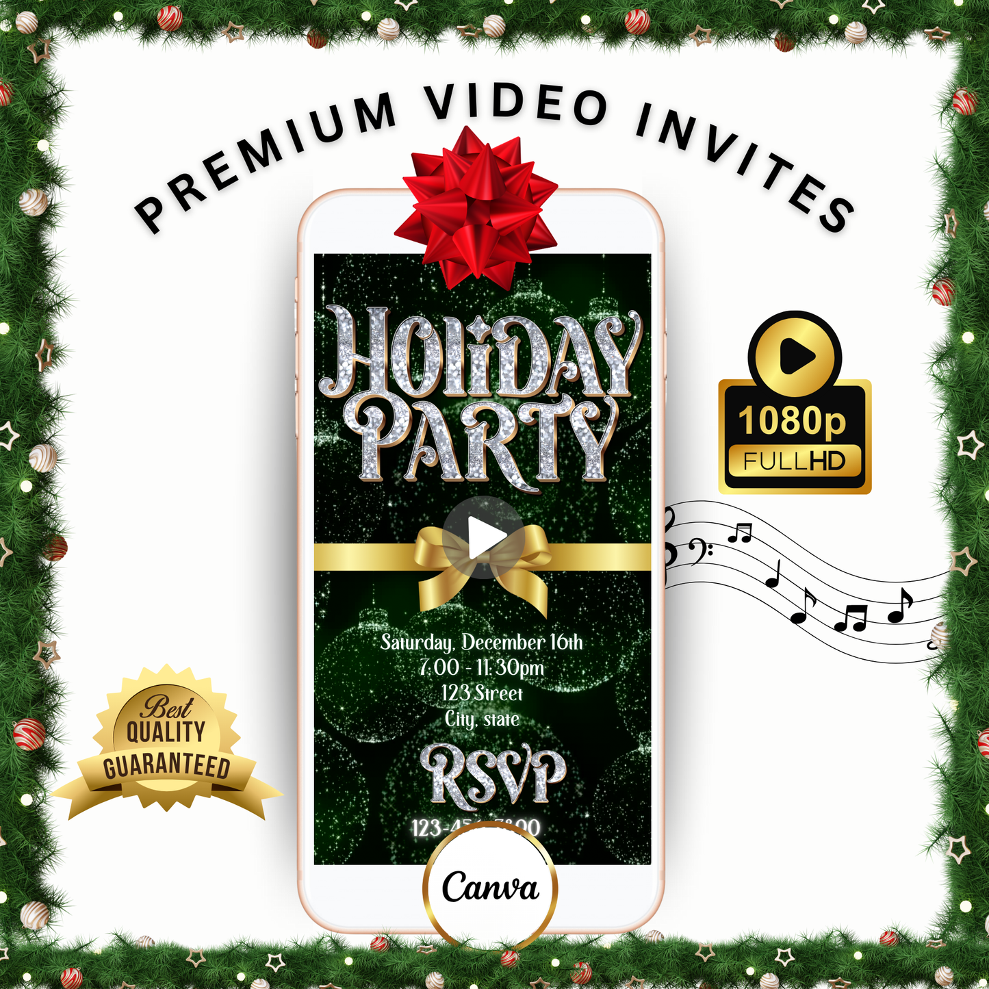 Christmas Party Video Invitation – Editable Green and Gold Elegant Holiday Evite