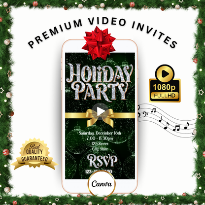 Christmas Party Video Invitation – Editable Green and Gold Elegant Holiday Evite