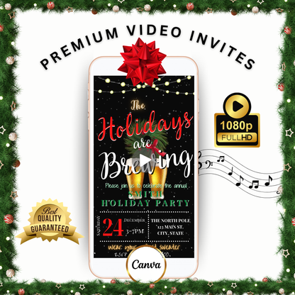 Christmas Cocktail Party Video Invitation – Editable Canva Holiday are Brewing Evite
