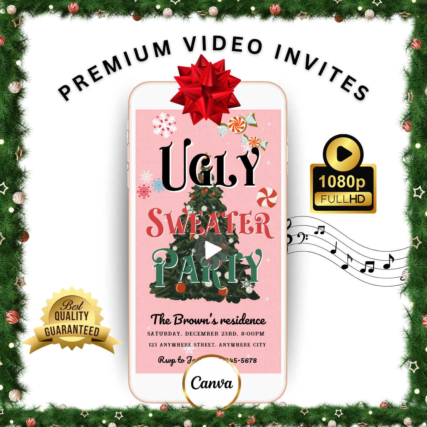 Ugly Sweater Christmas Video Invitation – Editable Pink Holiday Sweater Evite