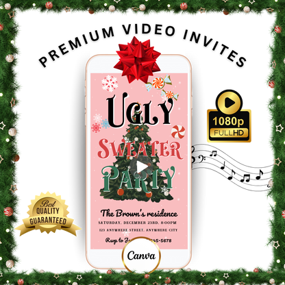 Ugly Sweater Christmas Video Invitation – Editable Pink Holiday Sweater Evite