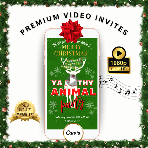 Ya Filthy Animal Christmas Video Invitation | Digital Christmas Vacation Invite | Editable Canva Evite Template