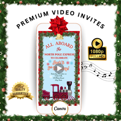 Christmas Train Party Video Invitation – Editable Mobile Holiday Boy Birthday Evite with Music