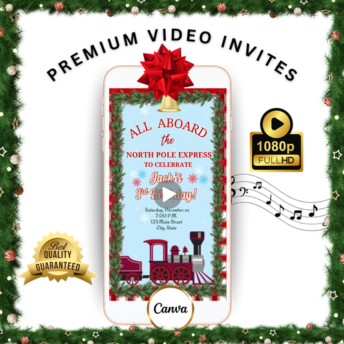 Christmas Train Party Video Invitation | Digital Polar Express Invite | Editable Canva Evite Template