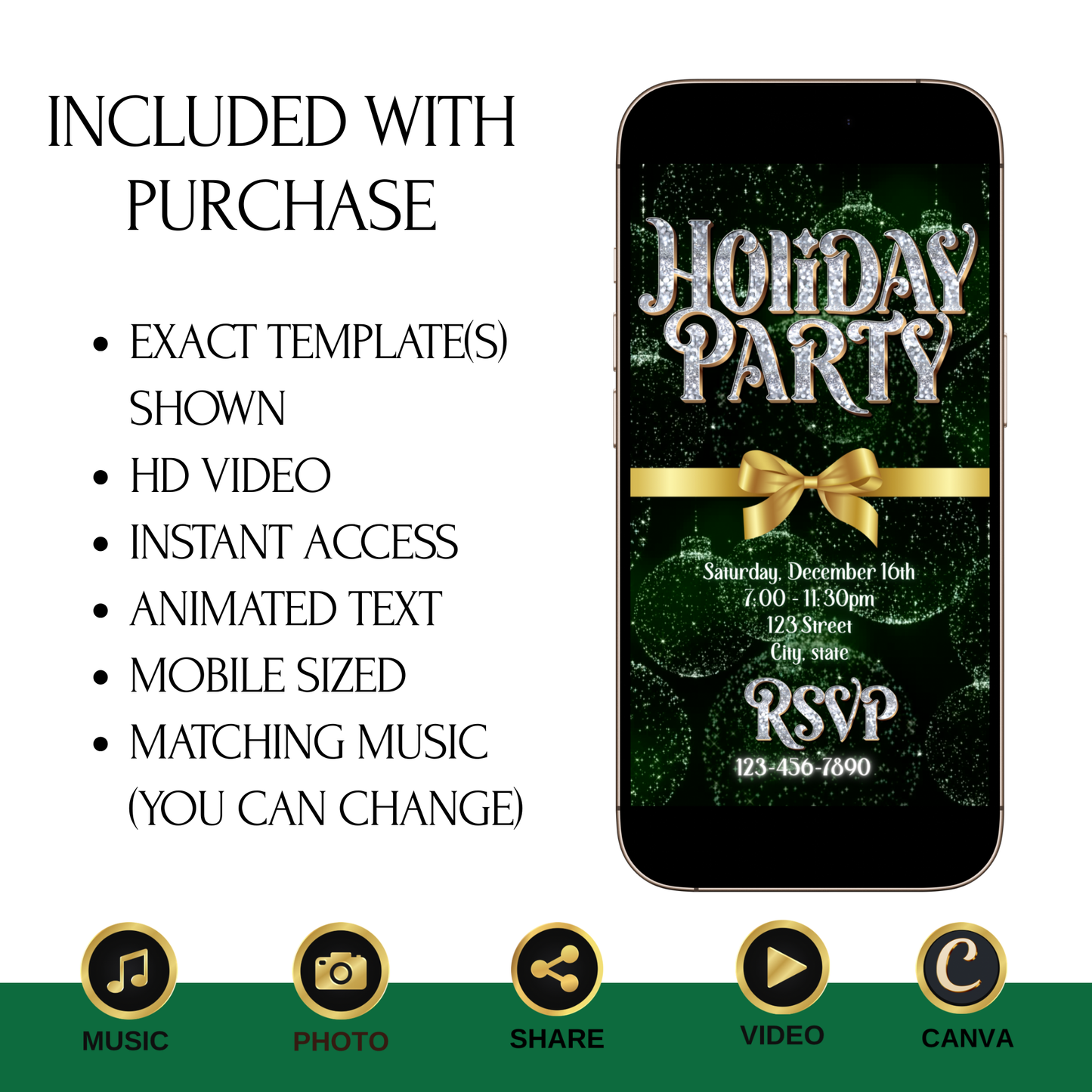 Christmas Party Video Invitation – Editable Green and Gold Elegant Holiday Evite