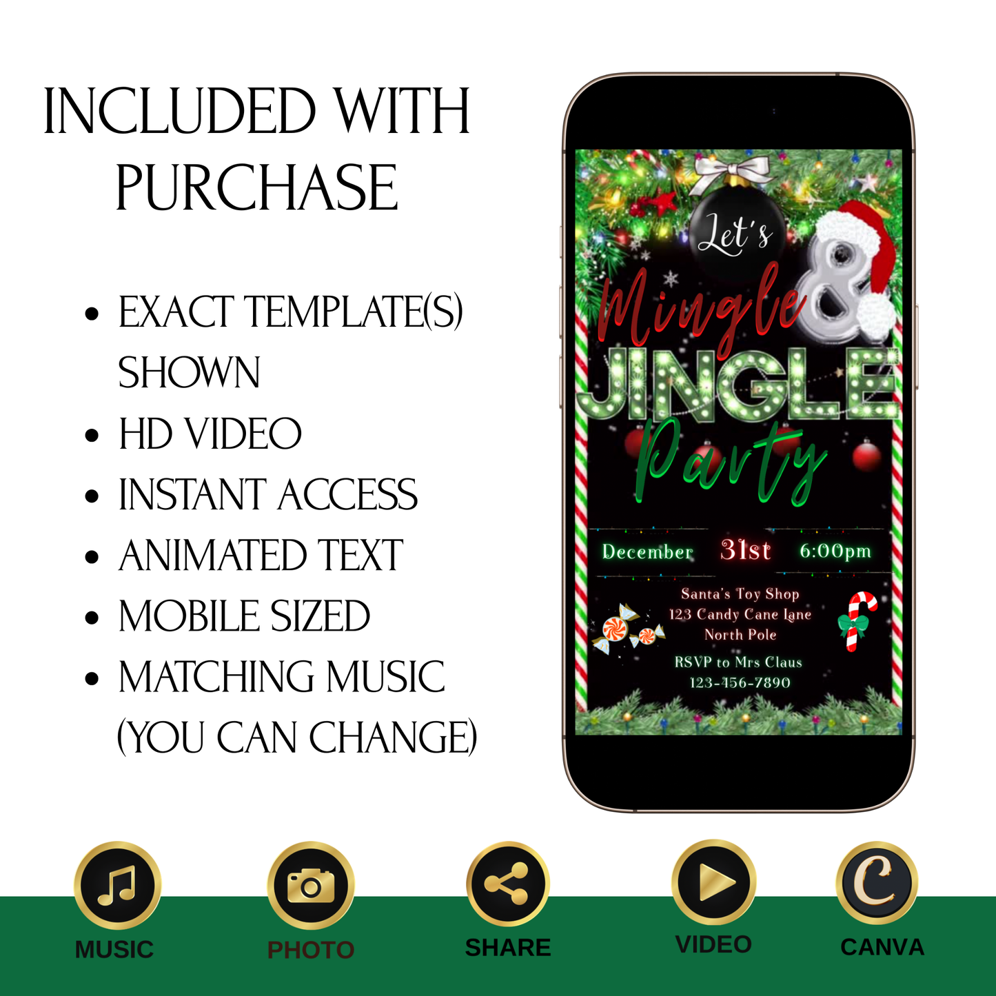 Christmas Party Video Invitation – Editable Mobile Holiday Evite with Music