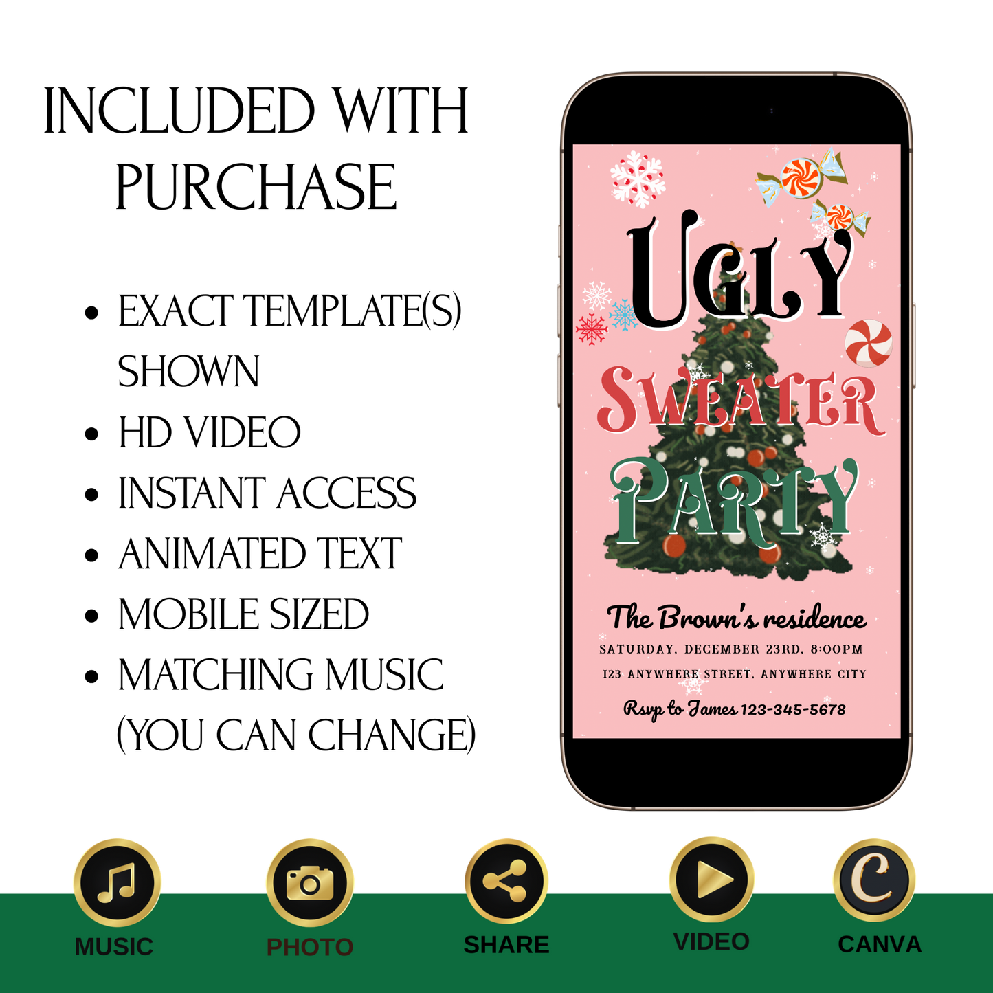 Ugly Sweater Christmas Video Invitation – Editable Pink Holiday Sweater Evite