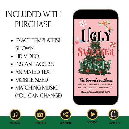 Ugly Sweater Christmas Video Invitation – Editable Pink Holiday Sweater Evite