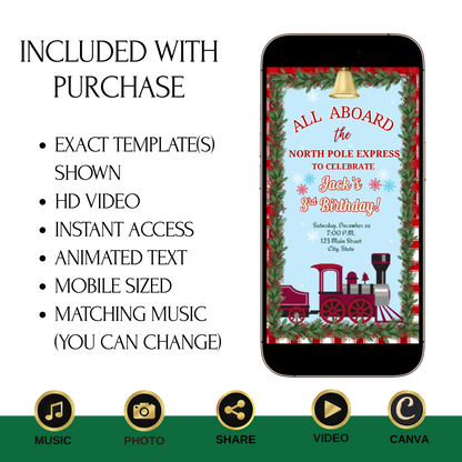 Christmas Train Party Video Invitation – Editable Mobile Holiday Boy Birthday Evite with Music