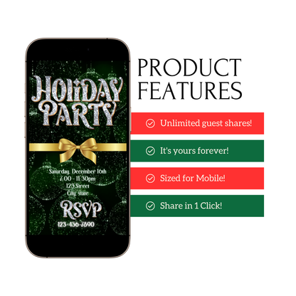 Christmas Party Video Invitation – Editable Green and Gold Elegant Holiday Evite