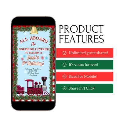 Christmas Train Party Video Invitation – Editable Mobile Holiday Boy Birthday Evite with Music