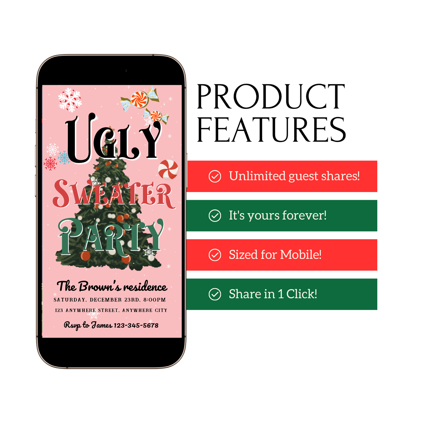 Ugly Sweater Christmas Video Invitation – Editable Pink Holiday Sweater Evite