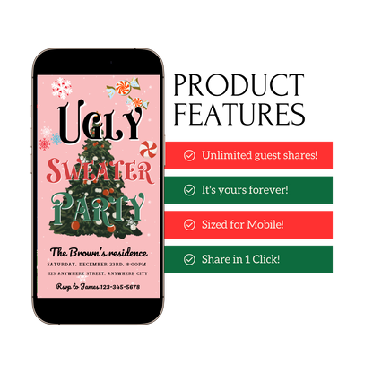 Ugly Sweater Christmas Video Invitation – Editable Pink Holiday Sweater Evite