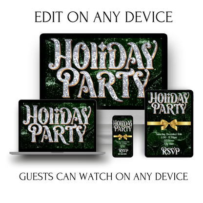 Christmas Party Video Invitation – Editable Green and Gold Elegant Holiday Evite
