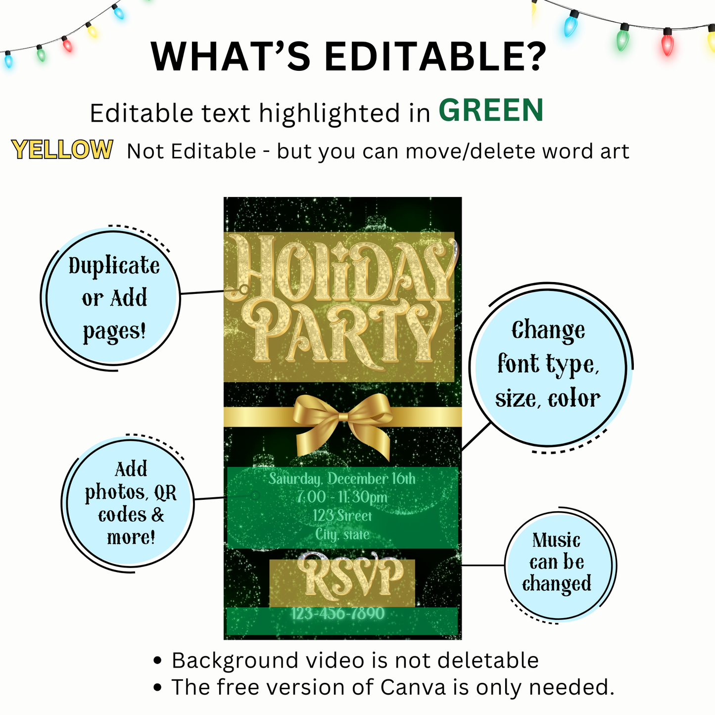 Christmas Party Video Invitation – Editable Green and Gold Elegant Holiday Evite