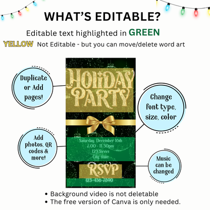 Christmas Party Video Invitation – Editable Green and Gold Elegant Holiday Evite