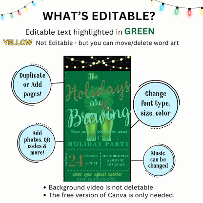 Christmas Cocktail Party Video Invitation – Editable Canva Holiday are Brewing Evite