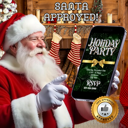 Christmas Party Video Invitation – Editable Green and Gold Elegant Holiday Evite