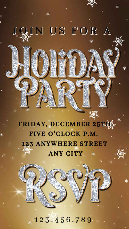 Editable gold-themed festive digital invite displayed on smartphone