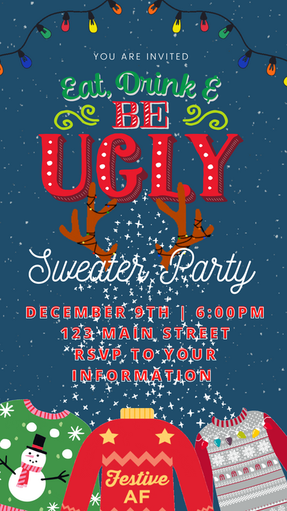 Editable Ugly Sweater Celebration invite displayed on smartphone