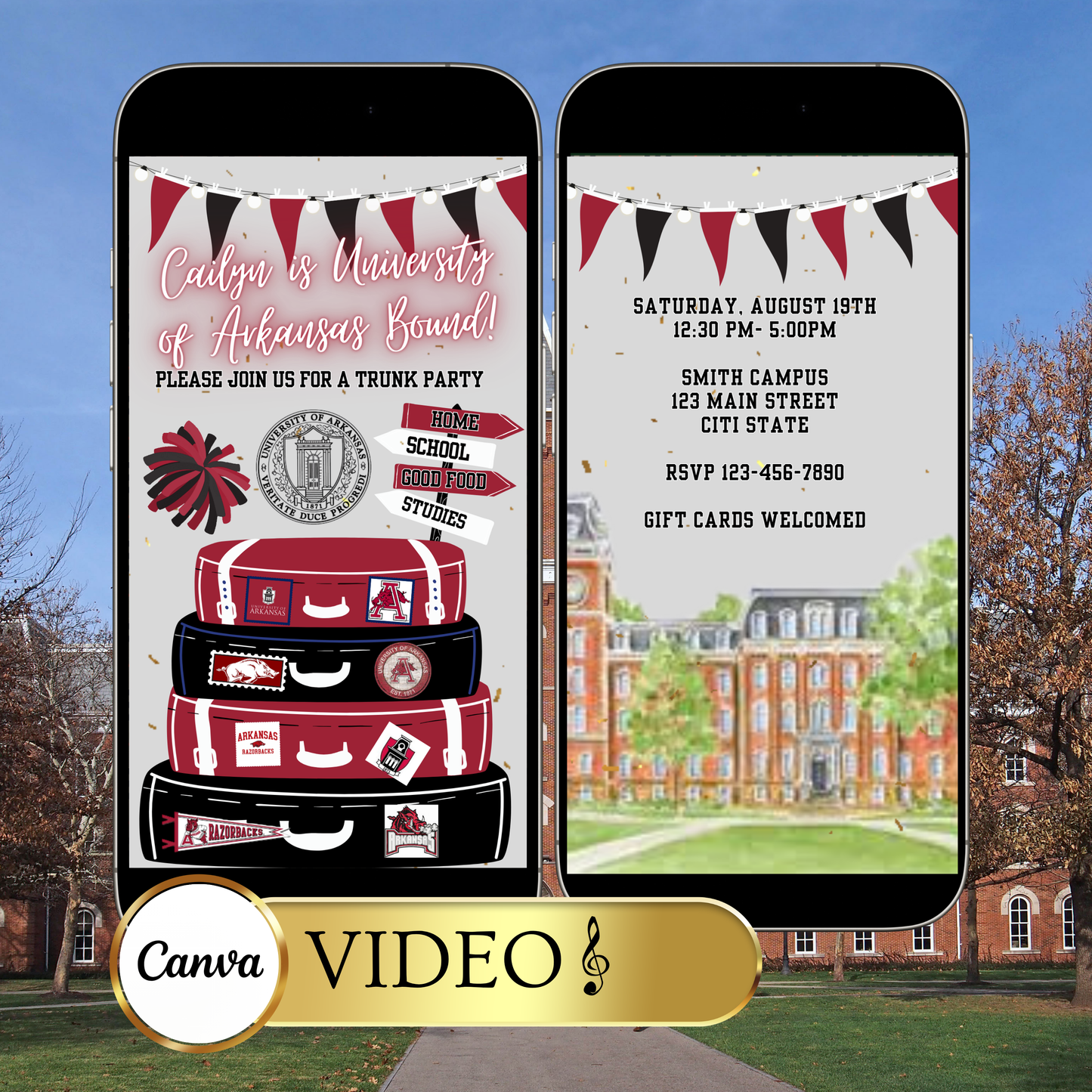 University of Arkansas College Sendoff Video Invitation | Editable Trunk Party Invite | Editable Canva Template