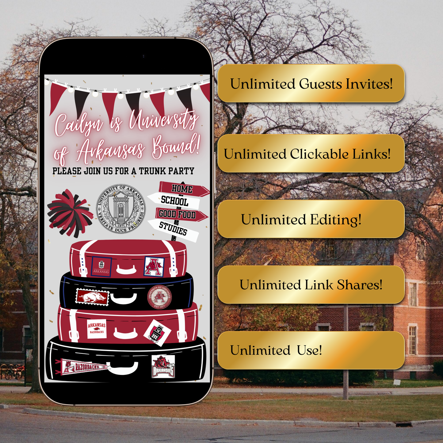 University of Arkansas College Sendoff Video Invitation | Editable Trunk Party Invite | Editable Canva Template