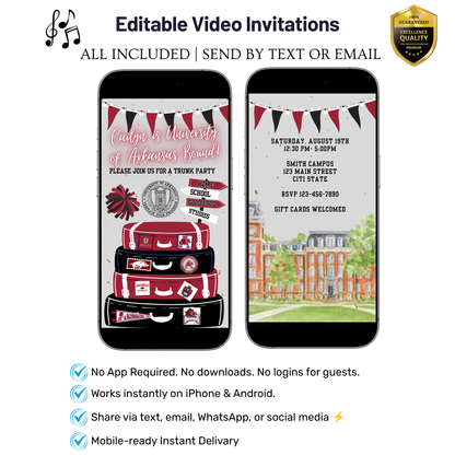 University of Arkansas College Sendoff Video Invitation | Editable Trunk Party Invite | Editable Canva Template
