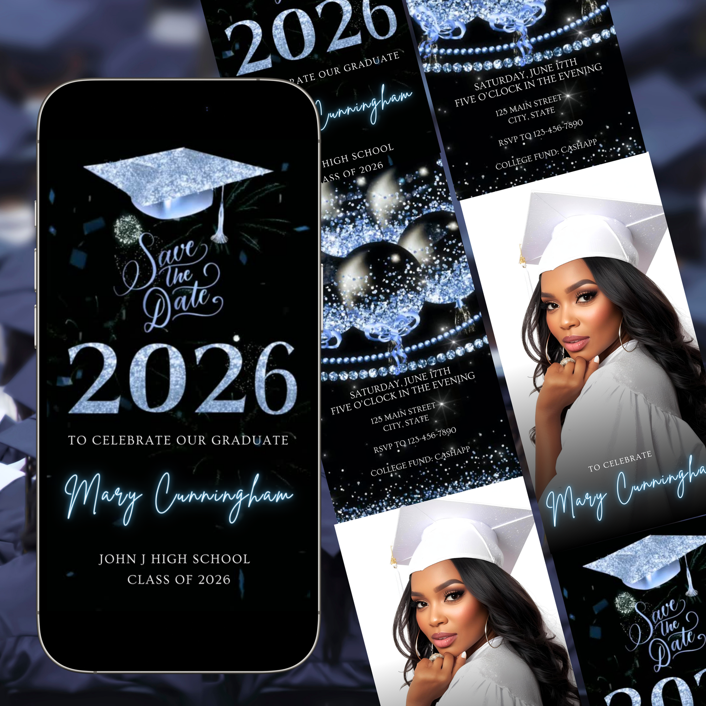 Videoeinladung zur Abschlussfeier 2026 | Digitale blaue Einladung zur Antwort (RSVP) | Bearbeitbare Online-RSVP-Vorlage (Canva)