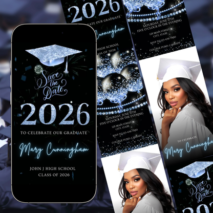 Videoeinladung zur Abschlussfeier 2026 | Digitale blaue Einladung zur Antwort (RSVP) | Bearbeitbare Online-RSVP-Vorlage (Canva)